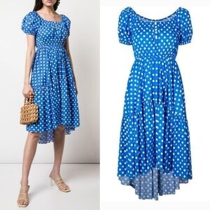 New Caroline Constas Bardot Flounce Polka Dot Blue/White Midi Dress NWT Small